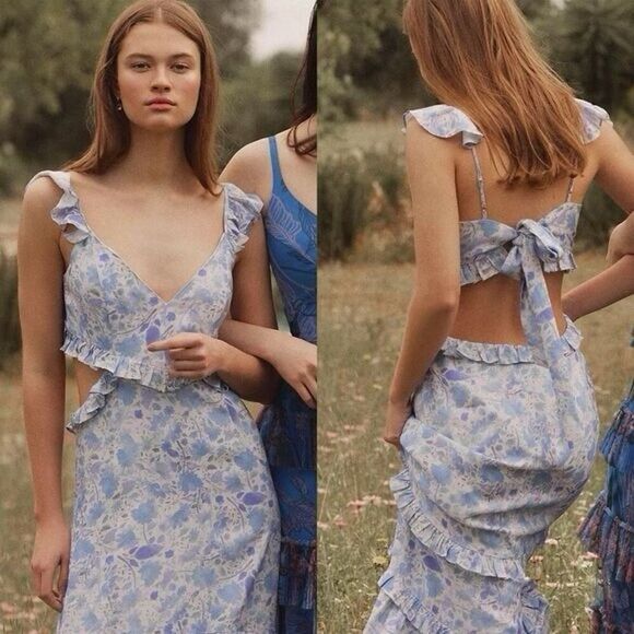 ASTR the Label Cassis Floral Ruffle Maxi Dress Light Blue Cutout XS Boho - Picture 4 of 13